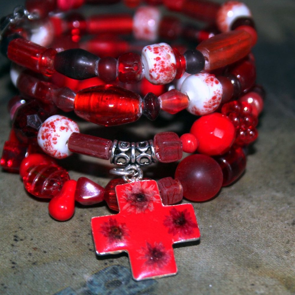 Vintage Red Variety Beaded Memory Wire Cuff Bracelet